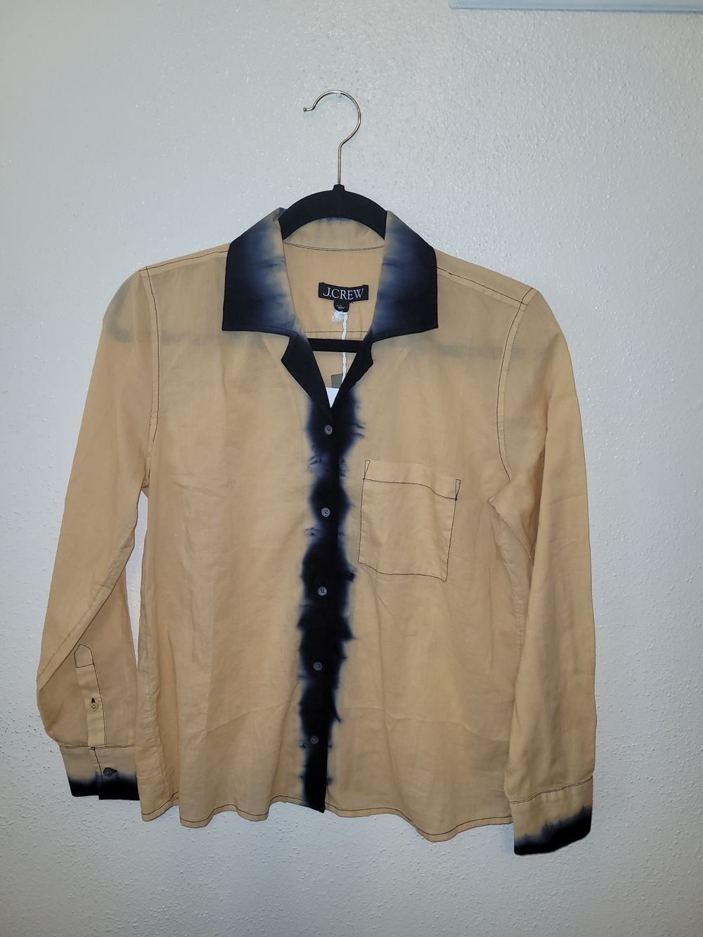 J.Crew Dip-Dye Camp Shirt Soft Buff Multi Tan Navy Button Front Blouse Size 2 NW - Picture 2 of 8